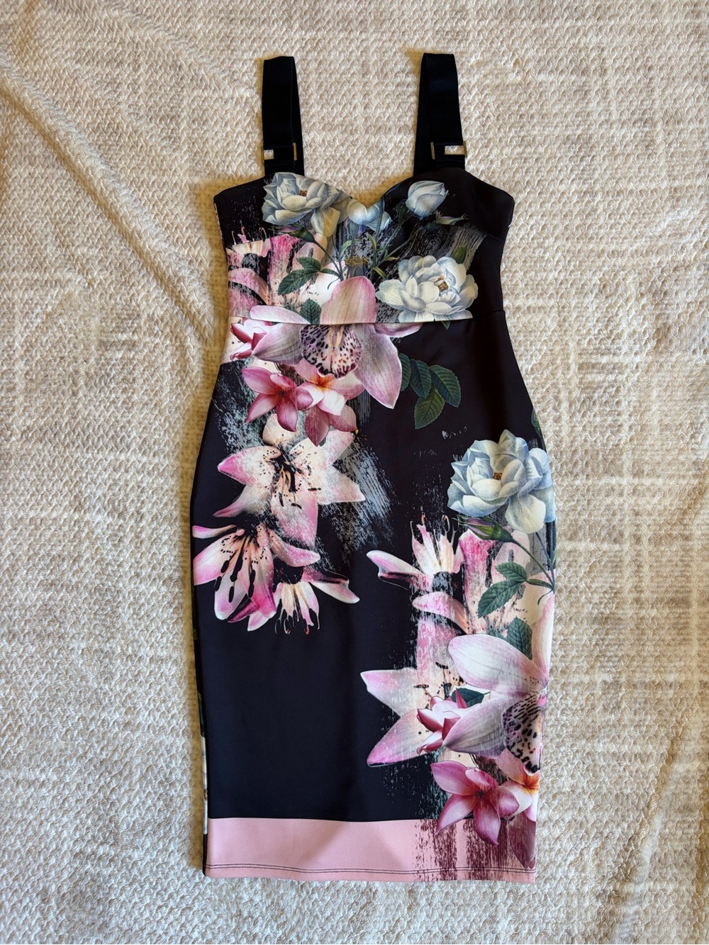 Lipsy London Floral Bodycon Midi Dress UK 12 Black Pink Occasion Dress